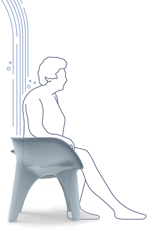 Line drawing of a man sitting under the shower stream on SoSoak