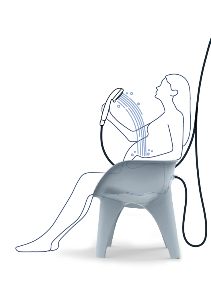 Line drawing of a woman showering with a handheld wand on SoSoak